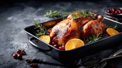 Fototapeta premium Roasted Chicken with Rosemary and Oranges, Served in a Pan, Ready for Festive Holiday Meal