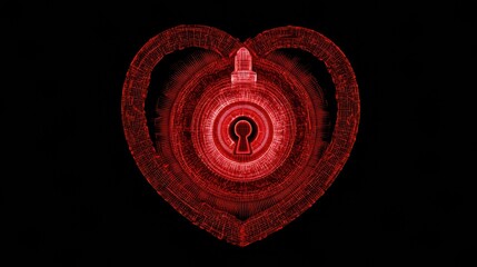 A heart-shaped lock symbol in vibrant red on a black background, representing love and security with a focus on protection.