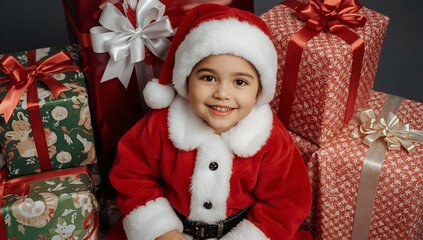 Joyful child in santa costume surrounded by colorful gifts christmas background portrait festive atmosphere