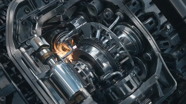 Rotating metallic engine pistons in cinematic macro loop, detailed reflections.