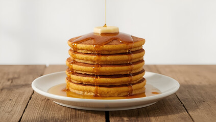 Fluffy pumpkin pancakes drizzled with syrup cozy kitchen background food photography warm atmosphere close-up culinary delight