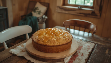 Baking an inviting citrus cake in a rustic farmhouse kitchen warm background culinary delight cozy atmosphere