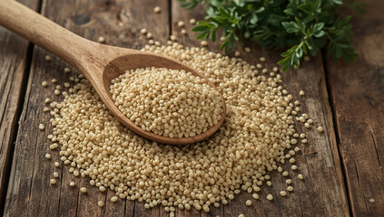 Cooking action spoon overflowing with quinoa rustic kitchen background natural environment close-up view culinary concept