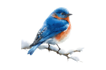 Obraz premium Watercolor Bluebird Perched on a Snowy Branch, Isolated on a Transparent Background