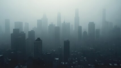 Fototapeta premium A city shrouded in thick, gray fog. Skyscrapers are barely visible through the dense atmospheric haze