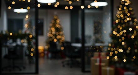 Festive Office Ambience: Christmas trees shimmer with fairy lights, casting a warm glow, as gifts adds the seasonal cheer. A cozy and inviting interior setting.
