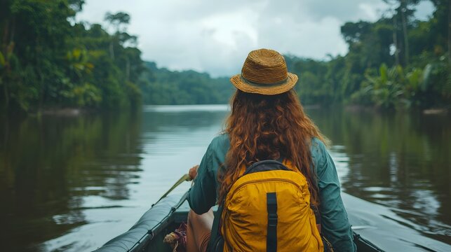 A solo traveler in a canoe journeys down a tranquil river surrounded by the dense verdant greenery of a tropical rainforest under a cloudy sky