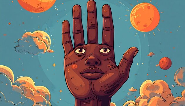 Surreal illustrated hand with a face, floating among planets