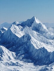 Naklejka premium Snow-covered mountains rise majestically under a bright blue sky, revealing sharp peaks and stunning icy formations. The landscape evokes tranquility and awe.