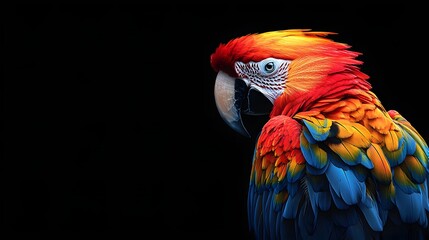 A striking Scarlet aw parrot rendered in a detailed close up against a solid black background