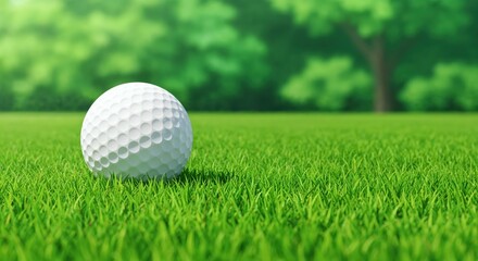 Obraz premium Golf Ball on Green: A pristine golf ball rests peacefully on the verdant surface of a manicured green, the epitome of precision and leisure, amidst a blur of lush trees.