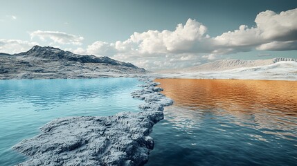 Naklejka premium A striking surreal landscape where vibrant blue water meets contrasting orange brown water at a rocky divide under a cloudy sky