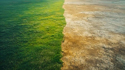 Obraz premium A striking visual depiction of a fertile green field meeting a parched cracked arid landscape highlighting environmental contrast