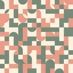 A geometric abstract pattern featuring interlocking shapes in muted coral, sage green, and cream.