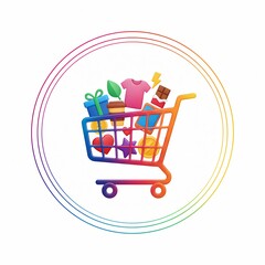 E-commerce Shopping Cart with Colorful Products Icon.
