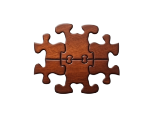 Six wooden puzzle pieces assembled on a black background showcasing teamwork and problem-solving, Isolated On Transparent Background