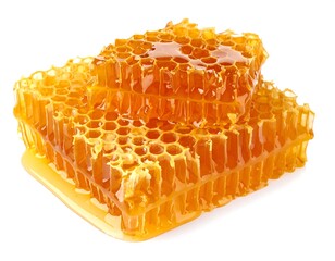 Two stacked pieces of natural honeycomb oozing with golden, viscous liquid