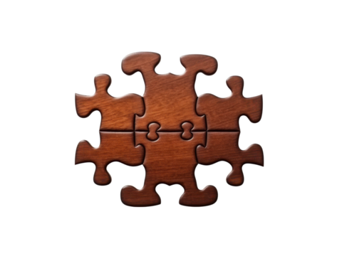 Six wooden puzzle pieces assembled on a black background showcasing teamwork and problem-solving, Isolated On Transparent Background