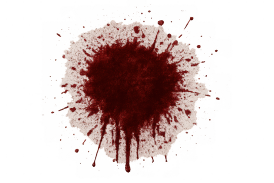Blood splattering on a surface, creating a messy crimson stain with dripping liquid, isolated on transparent background