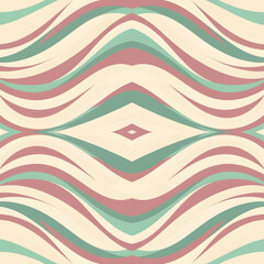 Abstract wave pattern with pink and teal lines on a beige background.