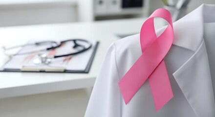 Breast Cancer Awareness - Pink Ribbon on Doctors Coat.