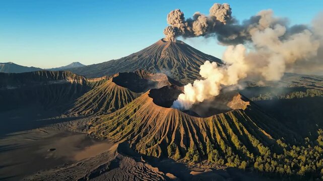 An awe-inspiring aerial view captures a powerful volcanic landscape featuring multiple peaks under a clear, vast sky. A prominent volcano actively erupts, spewing voluminous columns of dark ash and sm