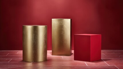 Fototapeta premium Elegant Product Display with Geometric Pedestals in Gold and Red for Luxury Branding