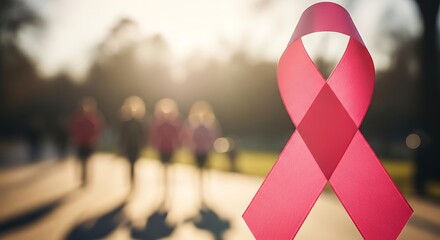 Breast Cancer Awareness Ribbon with Supporters in Background.
