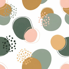 Abstract seamless pattern with organic shapes and dots in muted earthy tones of green, pink, and ochre.