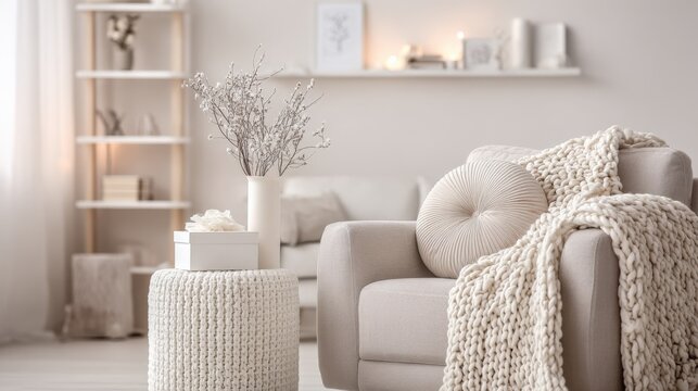 Cozy Home Interior with Knitted Blanket, Stylish Decor, and Modern Furniture in Neutral Tones