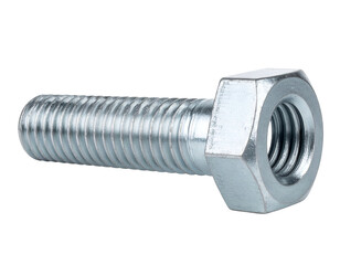 Close-up of a galvanized bolt and nut with visible threads against black backdrop