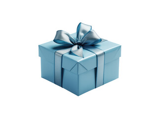 Fototapeta premium Isolated Light Blue Gift Box with Silver Ribbon and Bow on Black Background present, Isolated On Transparent Background
