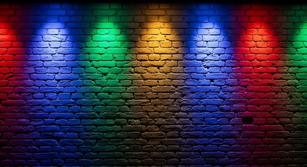 Brick wall illuminated by colorful spotlights creating a vibrant background.