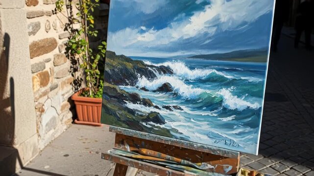 Easel displays seascap painting on cobbled street near stone wall