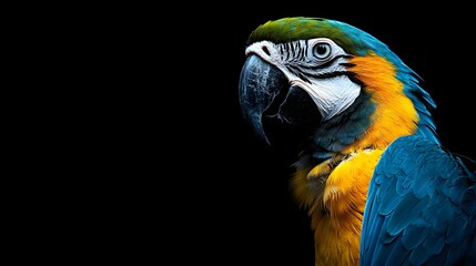A vibrant blue and gold aw parrot is shown in a detailed close up profile against a dark isolated background
