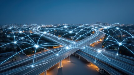 Traffic flow and connectivity networks urban landscape digital visualization night setting aerial perspective