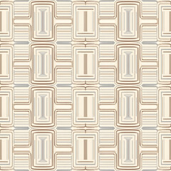 Seamless geometric pattern with repeating rectangular shapes and parallel lines in muted beige, brown, and grey tones, creating an abstract decorative background.