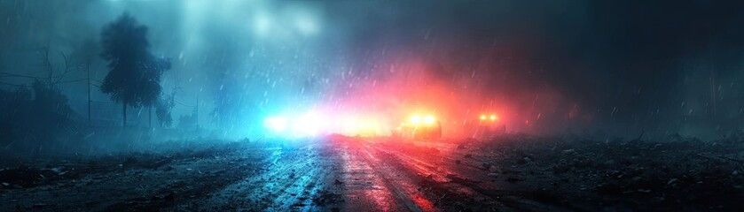 Obraz premium Emergency services rushing to natural disaster scene concept. Misty road illuminated by police lights in a mysterious atmosphere.