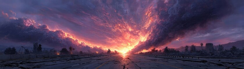 Emergency services rushing to natural disaster scene concept. Stunning sunset with vibrant colors over a desolate landscape.