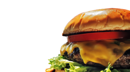 Tasty burger with cheese, lettuce, and tomato on a fresh bun, served as a perfect lunch or picnic meal.