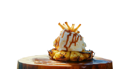 Pineapple in tropical grilled slice with vanilla ice cream and caramel sauce, PNG, isolated on transparent background.