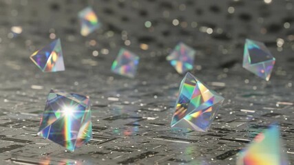 Sparkling holographic gems scattered on wet reflective surface in vibrant rainbow colors - Powered by Adobe