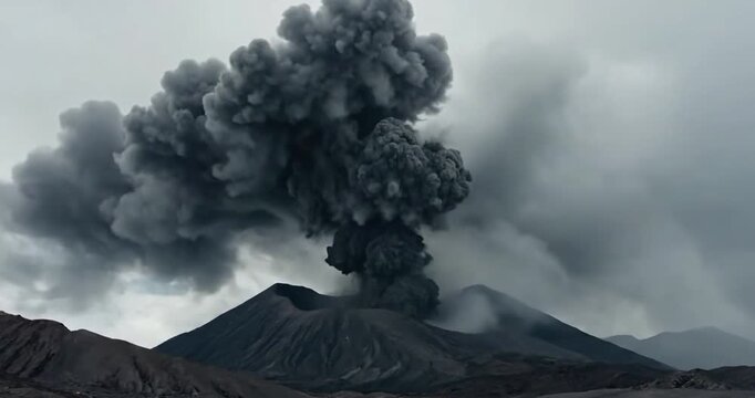 Close up view of the dense, turbulent ash plume as it billows and swirls, highlighting the dynamic texture and particulate matter within the cloud. Medium shot, focusing on the intricate patterns?
