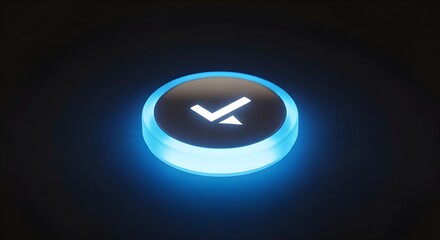 Illuminated check mark button on dark background
