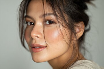 Naklejka premium Portrait of a Japanese woman with soft features, exuding elegance and refined beauty. The classic pose, along with subtle lighting, creates a sophisticated, high fashion look.