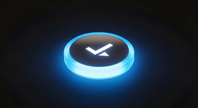 Illuminated check mark button on dark background