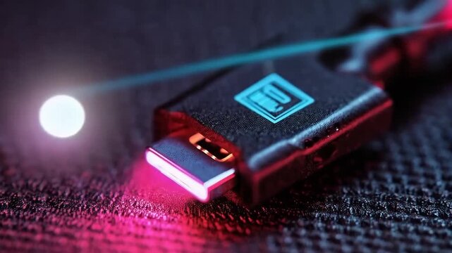Animation of USB Type-C connector with charging light effect, technological background and modern