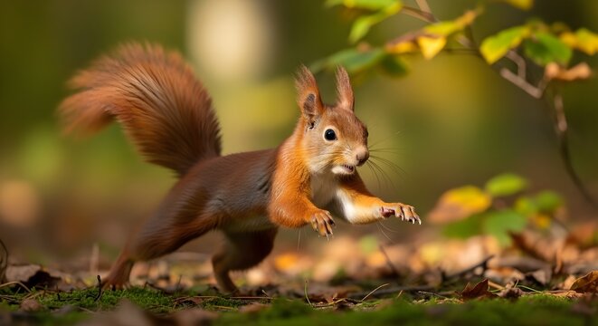 Red squirrel leaping with nut in mouth in autumn forest
