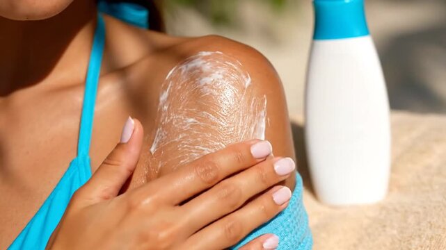 Woman Applying Sunscreen Lotion on Shoulder in Blue Bikini Against a Blurred Natural Background for Summer Vacation, Sun Protection, and Healthy Skin Concept During Outdoor Leisure Time