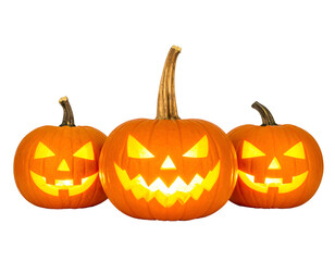 Three glowing jack-o'-lanterns with spooky grins against a stark black background